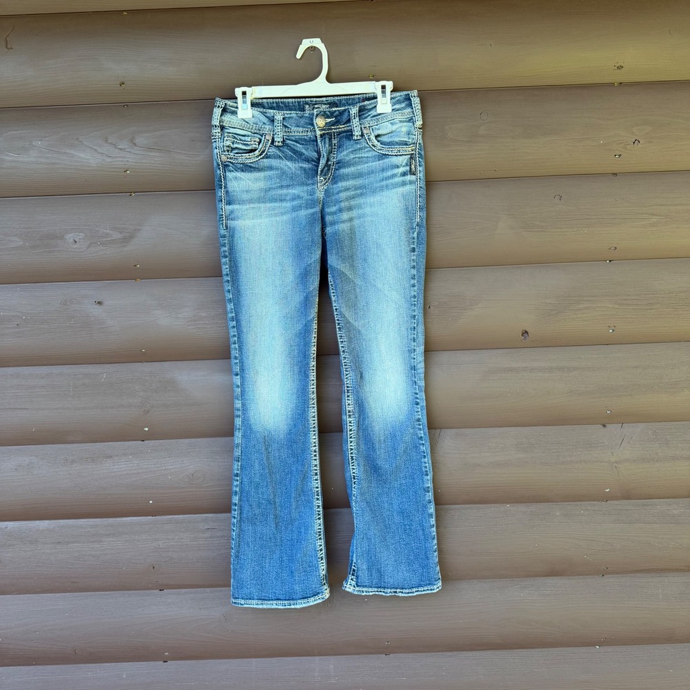 Silver Jeans Co Suki Mid Boot Womens W29 L33 Blue Embroidered Bootcut Jeans